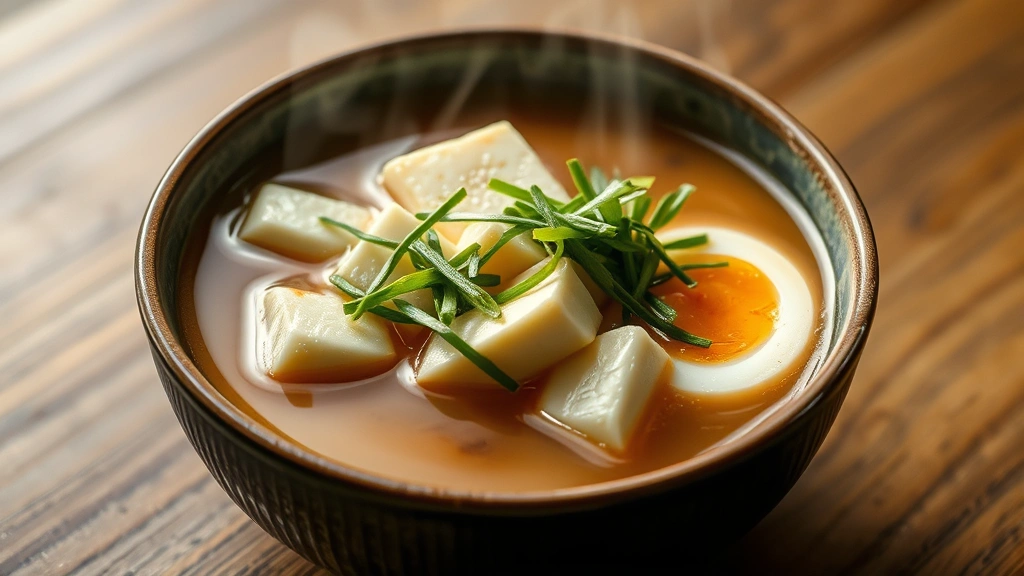 hero: steaming bowl of Japanese soup with silken tofu cubes and green onion garnish, clear dashi broth, nori strips, soft-boiled egg visible, photorealistic, natural light from above, ceramic bowl, no text