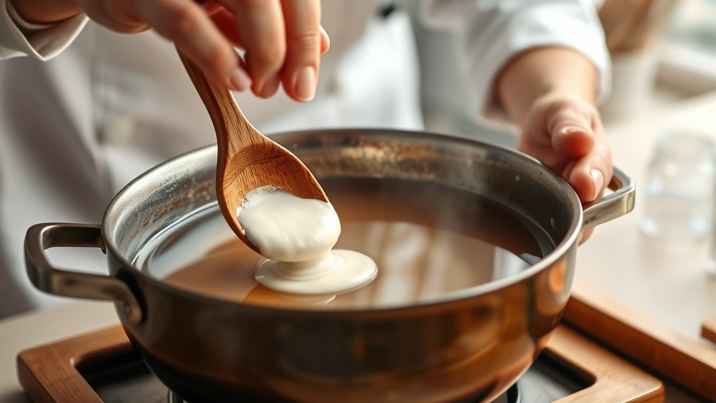 process: chef dissolving white miso paste in warm dashi with wooden spoon, close-up of dashi preparation, photorealistic, natural window light, kitchen counter setting, no text
