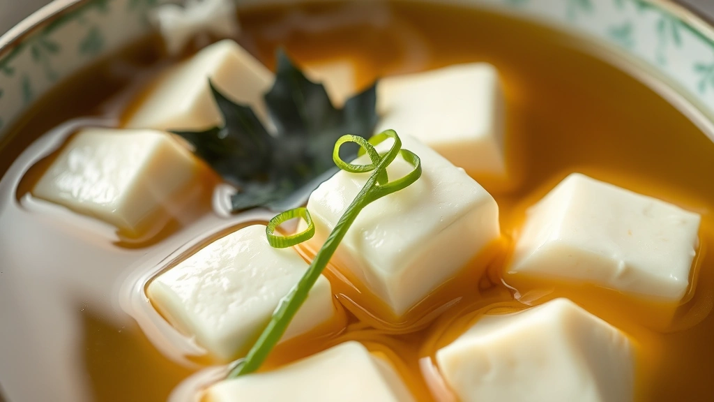 detail: close-up of perfectly cubed silken tofu with nori strips and green onion in clear broth, steam rising, photorealistic, natural light, shallow depth of field, no text