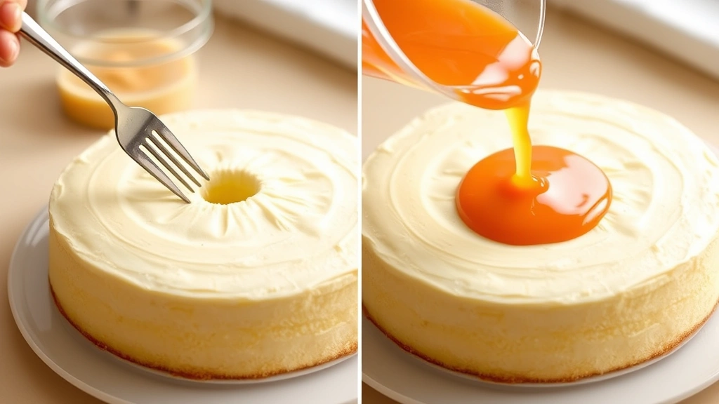 process: fork poking holes into cooled vanilla cake, jello mixture being poured over surface, photorealistic, bright kitchen lighting, no text