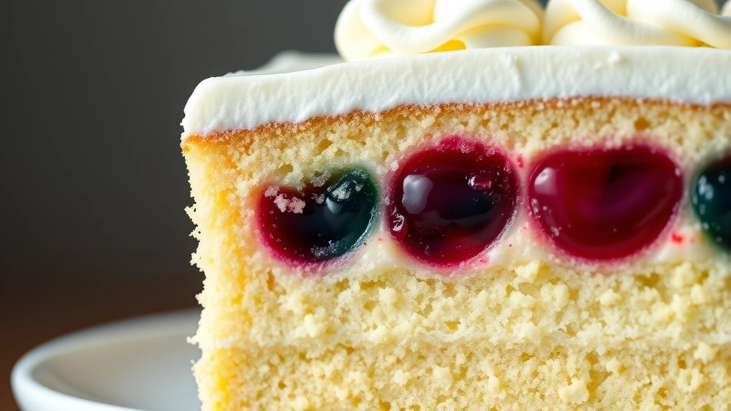 detail: close-up cross-section of jello poke cake showing pockets of jello inside cake layer with whipped cream on top, photorealistic, shallow depth of field, no text