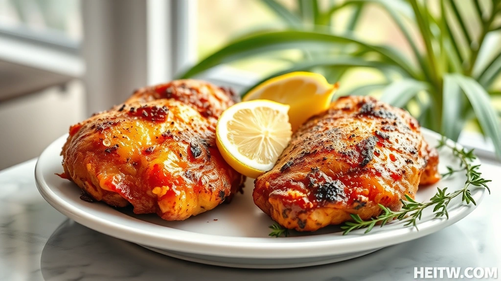 hero: golden-brown baked jerk chicken breasts on white plate with lime wedge and fresh thyme garnish, tropical background, photorealistic, natural window light, no text