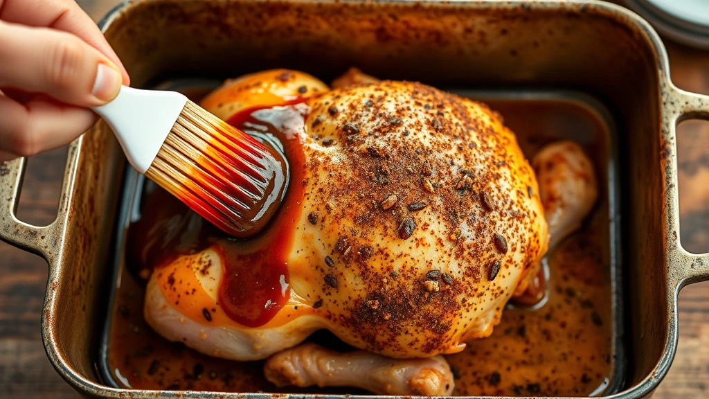 process: hands brushing glossy jerk marinade onto raw chicken in baking dish, spice-coated chicken, photorealistic, natural kitchen light, no text