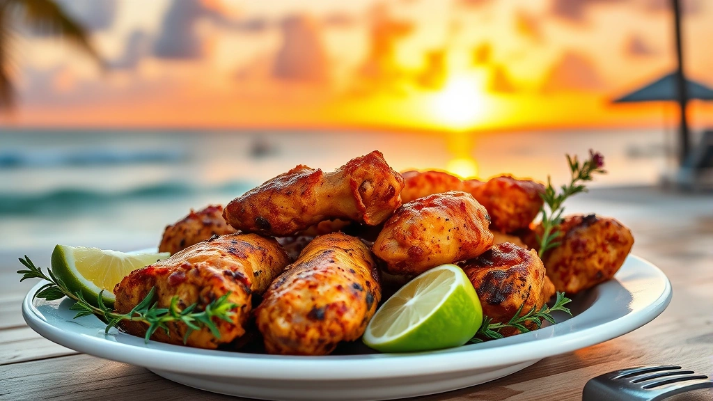 hero: golden-brown jerk chicken pieces on white ceramic plate, fresh lime wedges and thyme sprigs, Caribbean beach sunset background, photorealistic, natural golden hour light, no text