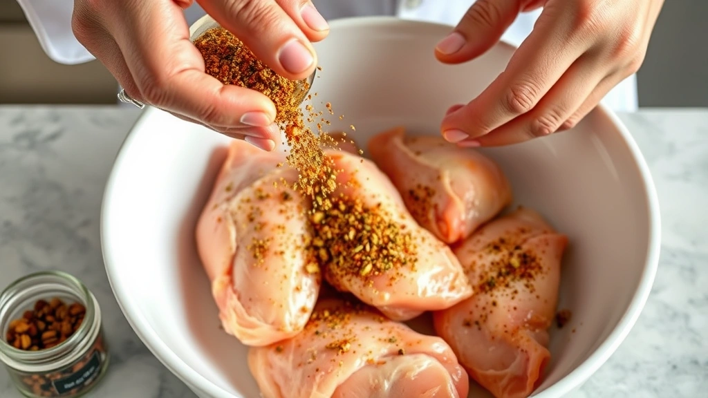 process: chef's hands sprinkling jerk seasoning blend over raw chicken breasts in white bowl, toasted spices visible in small glass jar nearby, photorealistic, bright kitchen lighting, no text