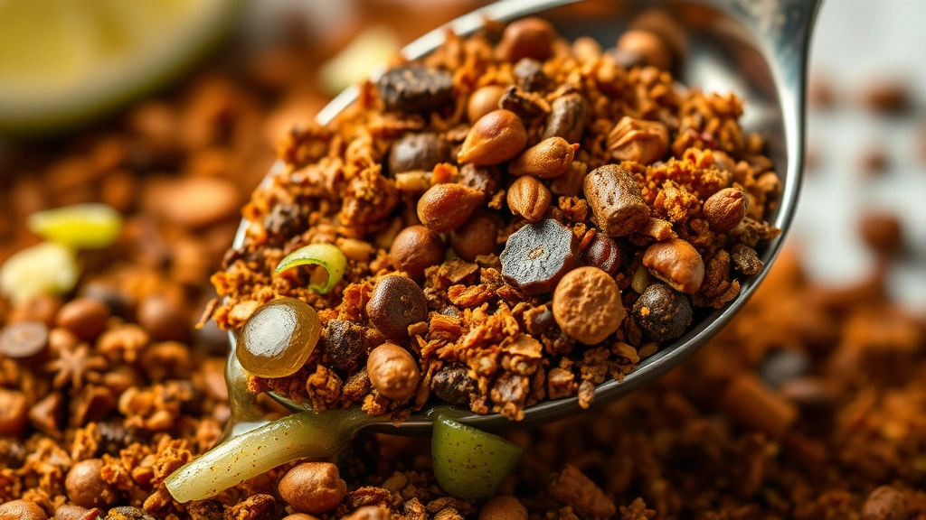 detail: close-up macro shot of jerk seasoning blend showing individual spice pieces and texture, spoon drizzled with lime zest, photorealistic, studio lighting with shallow depth of field, no text