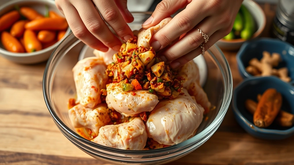 process: hands coating raw chicken with chunky jerk marinade in a glass bowl, fresh scotch bonnet peppers and ginger visible, bright kitchen lighting, motion captured