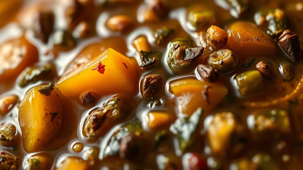 detail: close-up macro of jerk marinade showing texture with visible herb pieces, scotch bonnet pepper slices, and spices, shallow depth of field, warm natural light highlighting colors
