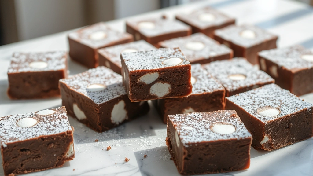 hero: rich chocolate fudge squares with visible marshmallow pieces scattered throughout, dusted with powdered sugar, arranged on a marble surface with natural window light creating soft shadows