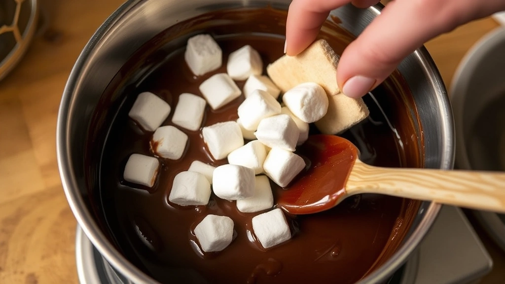 process: hand folding marshmallow pieces into dark chocolate fudge mixture in a stainless steel saucepan with a rubber spatula, warm kitchen lighting