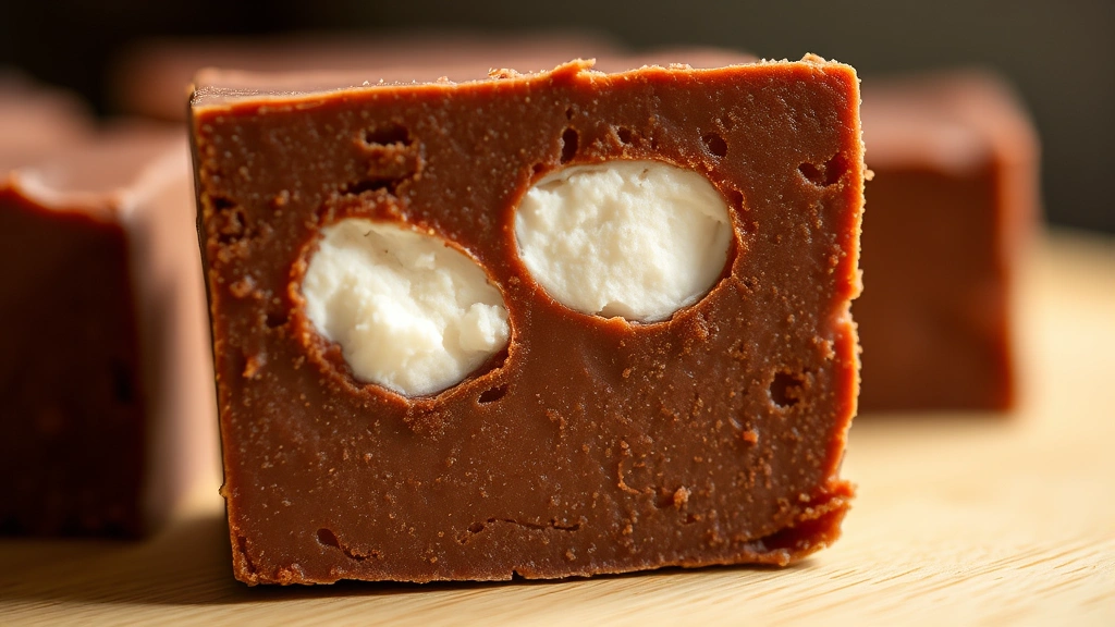 detail: close-up of cut fudge square showing cross-section with marshmallow pockets and creamy chocolate texture, shallow depth of field, warm natural light