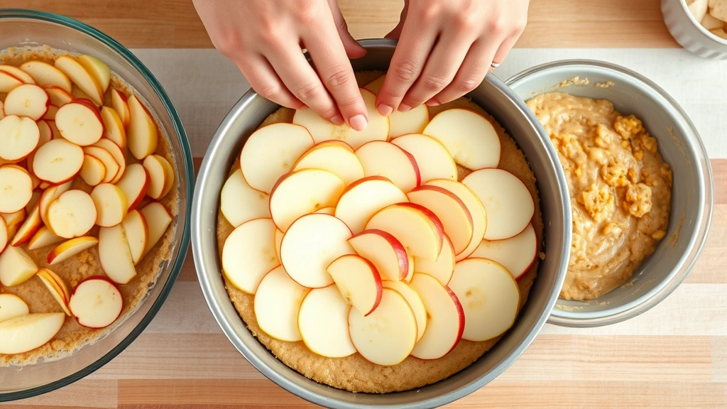 process: hands arranging thinly sliced apples over cake batter in round pan, spiced apple mixture visible, baker's hands, photorealistic, natural kitchen light, no text