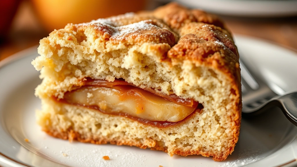 detail: close-up macro shot of single slice of Jewish apple cake showing tender crumb structure and spiced apple layers, fork beside it, photorealistic, warm natural light, no text