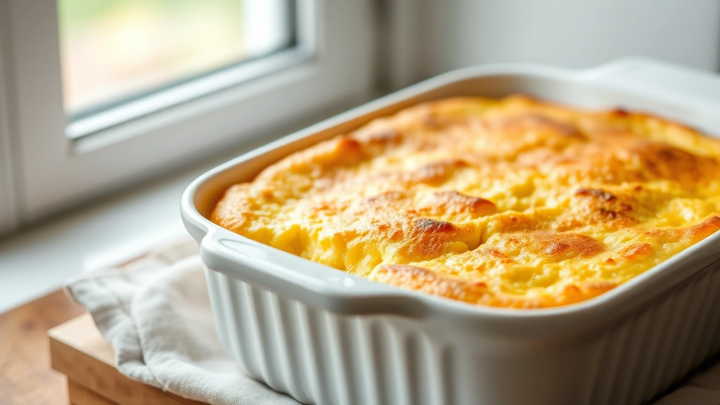 hero: golden baked jiffy corn pudding in white ceramic baking dish, creamy textured top with golden-brown edges, served fresh from oven, photorealistic, natural window light, no text