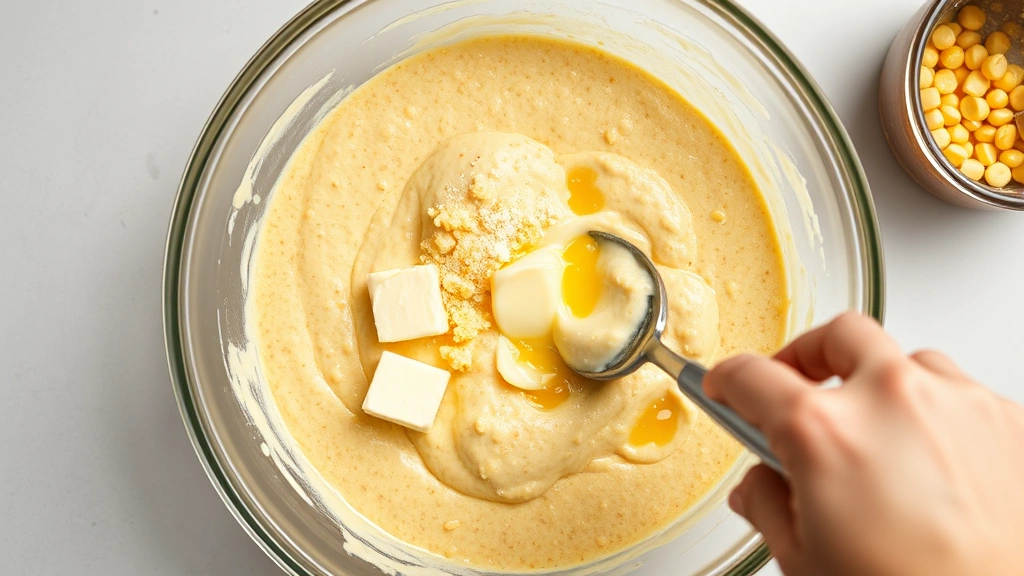 process: mixing cornbread batter with corn and eggs in large glass bowl, hand stirring gently, butter and ingredients visible, photorealistic, bright kitchen lighting, no text