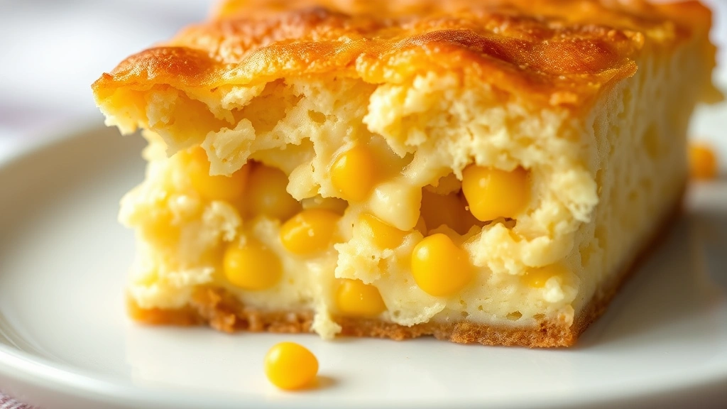 detail: close-up cross-section of corn pudding showing creamy custard texture with corn kernels, golden-brown top crust, photorealistic, macro photography, natural light, no text
