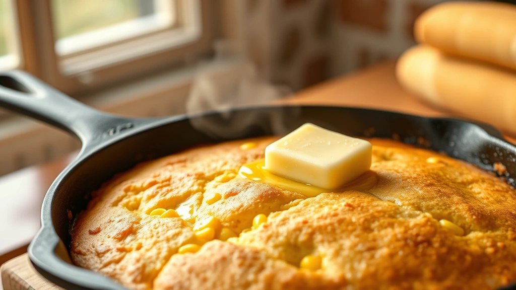 hero: golden-brown Jiffy cornbread with creamed corn, freshly baked in cast iron skillet, steam rising, warm butter melting on top, photorealistic, natural window light, no text