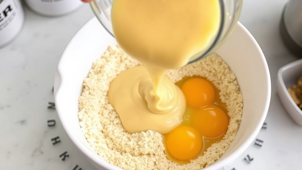 process: pouring creamed corn mixture into dry cornbread mix in white bowl, eggs visible, photorealistic, soft natural light, kitchen counter setting, no text