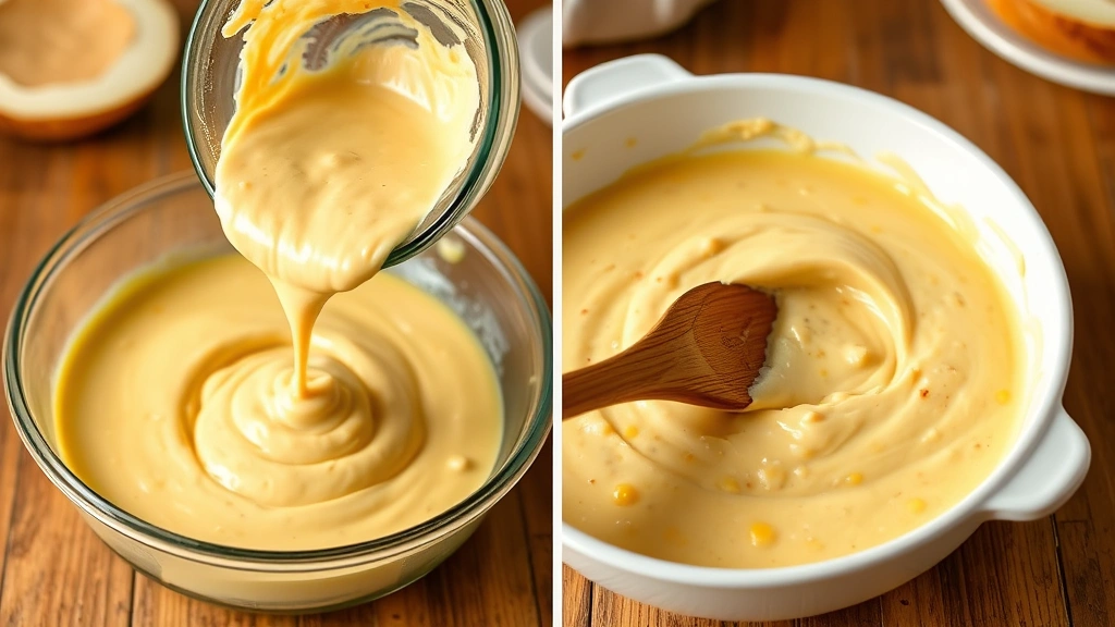 process: pouring creamy corn batter into buttered baking dish, wooden spoon stirring mixture, warm kitchen lighting, photorealistic, no text