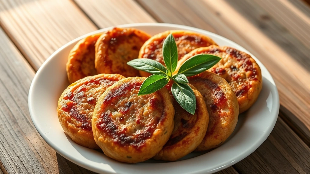 hero: Golden-brown Jimmy Dean style breakfast sausage patties arranged on a white plate with crispy edges, fresh sage leaves as garnish, natural morning sunlight streaming across the plate, rustic wooden table background, no text or watermarks