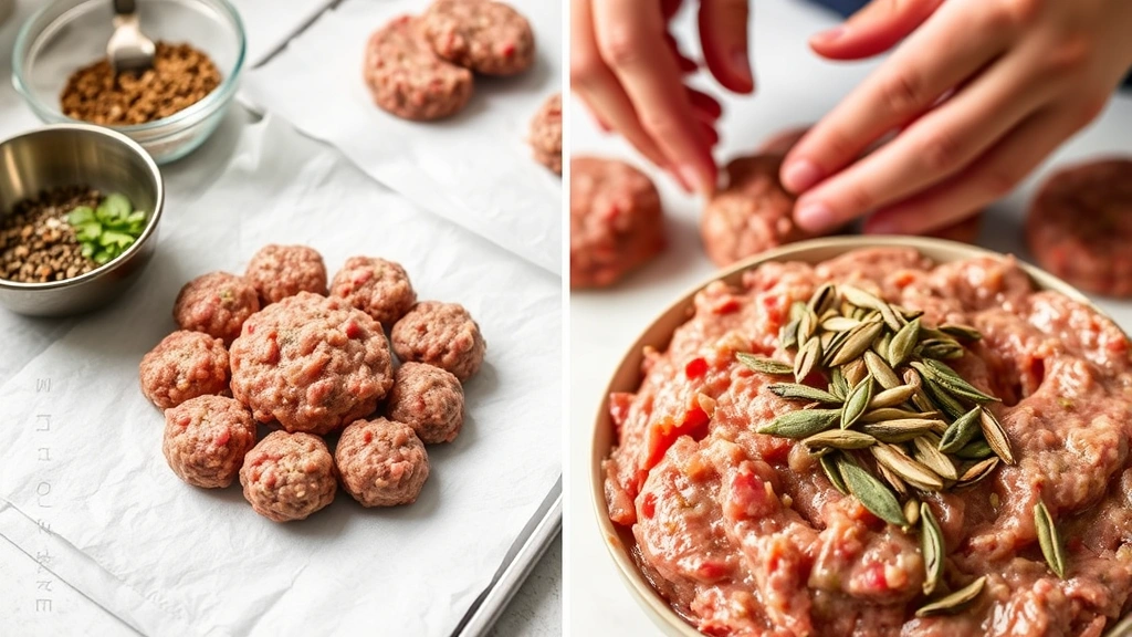process: Raw sausage mixture being shaped into patties on parchment paper, hands forming uniform rounds, bowl of spices visible nearby, close-up detail showing sage and fennel seeds in the meat, bright kitchen lighting, no text