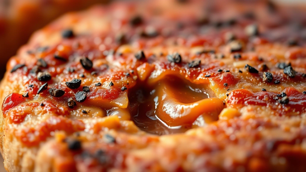 detail: Close-up macro shot of a single cooked sausage patty showing the golden-brown crust and juicy interior, fresh cracked black pepper visible on surface, morning light highlighting the texture, shallow depth of field, no text or logos