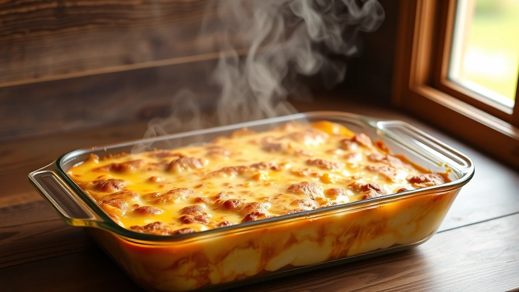 hero: Golden-brown John Wayne Casserole in a 9x13 baking dish, fresh from the oven, steam rising, melted cheese visible, natural window light, rustic wooden table background, no text