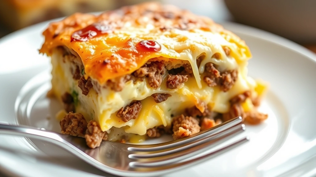 detail: Close-up of baked casserole slice on white plate, showing layers of eggs, bread, ground beef, and melted cheese, golden-brown top, fork nearby, soft natural light, no text