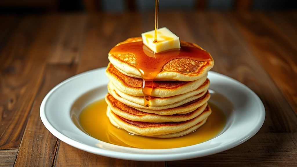 hero: stack of golden-brown johnny cakes topped with butter and maple syrup on a white ceramic plate, steam rising, rustic wooden table background, natural morning light, no text