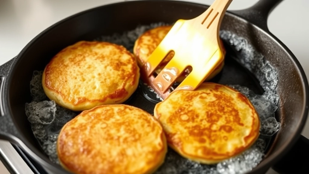 process: cast-iron skillet with johnny cakes cooking, golden spatula mid-flip, bubbles forming on top surface, bright kitchen lighting, no text