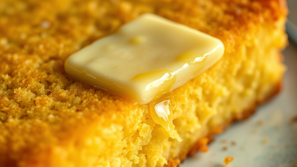 detail: close-up macro shot of crispy edge of single johnny cake showing cornmeal texture, butter melting on surface, warm golden lighting, no text