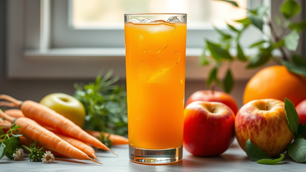 hero: vibrant fresh juice in a tall glass with ice, surrounded by colorful carrots apples and oranges, photorealistic, natural window light, no text