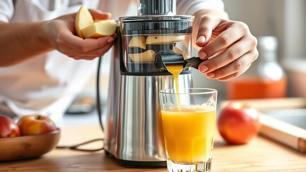 process: hands feeding apple chunks into a silver juicer with juice flowing into a clear glass, photorealistic, bright kitchen light, no text