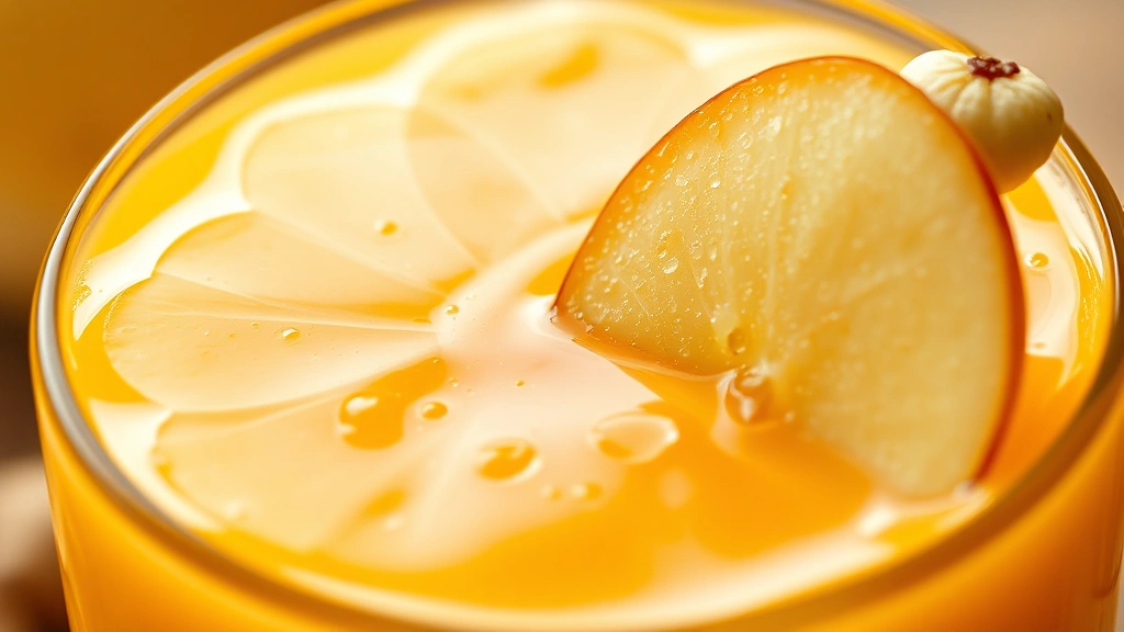 detail: close-up of golden-orange fresh juice with pulp visible, garnished with thin apple slice and fresh ginger, photorealistic, warm natural light, no text