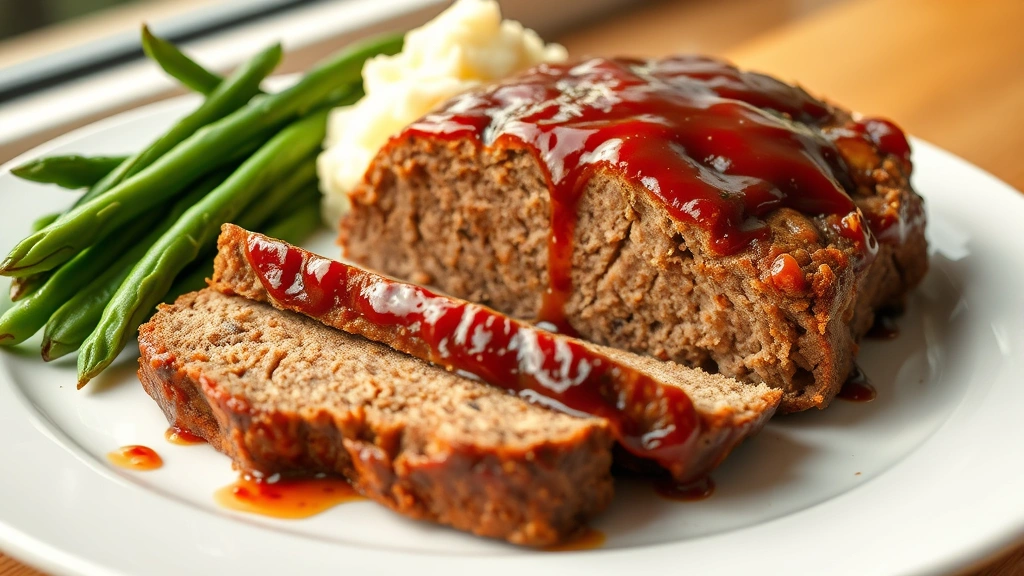 hero: sliced juicy meatloaf with caramelized glaze on top, served on white plate with mashed potatoes and green beans, photorealistic, natural window light, no text
