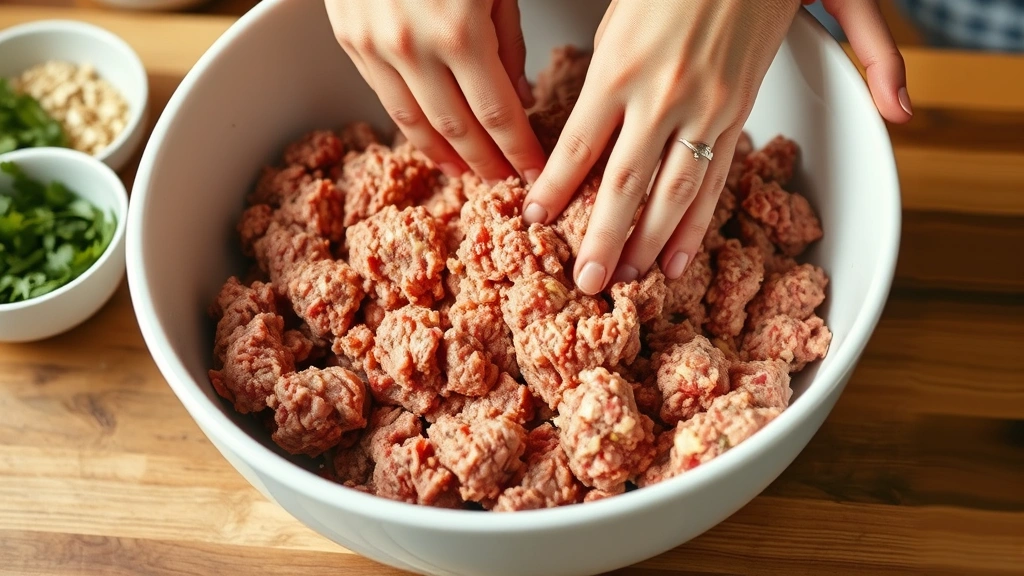 process: hands gently folding raw meatloaf mixture in large white bowl, showing texture and ingredients, photorealistic, natural kitchen light, no text