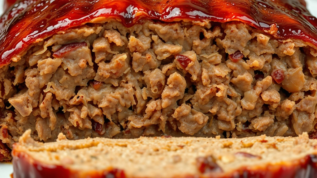 detail: close-up cross-section of cooked meatloaf showing moist tender interior and glossy caramelized glaze, photorealistic, natural light, no text