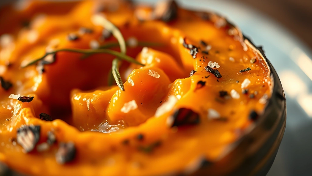 detail: close-up of roasted kabocha flesh showing creamy orange interior with herb garnish and fleur de sel crystals, shallow depth of field, golden hour lighting, no text