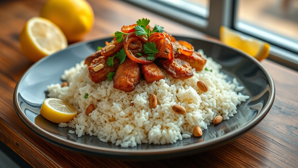 hero: perfectly plated kabsa with fluffy basmati rice, golden-brown meat, caramelized onions on top, garnished with fresh cilantro and pine nuts, lemon wedges beside, warm Middle Eastern spices visible, natural daylight from window, shallow depth of field, appetizing steam wisps