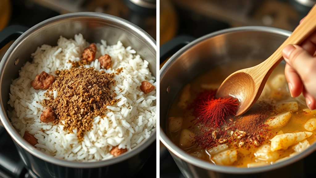 process: cooking stage showing rice steaming in covered pot with meat and broth visible, cumin and spices being bloomed in hot oil, hand stirring spices with wooden spoon, aromatic steam rising, warm kitchen lighting, close action shot
