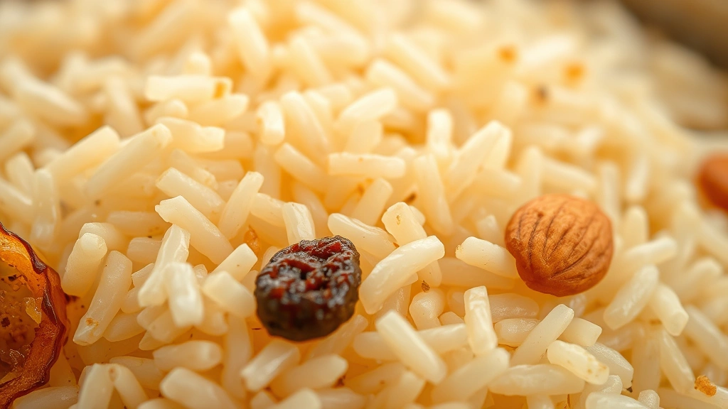 detail: close-up macro of individual grains of fluffy basmati rice with caramelized onion ring, raisin, and almond, showing texture and moisture, warm golden light highlighting translucent rice, shallow focus with blurred background