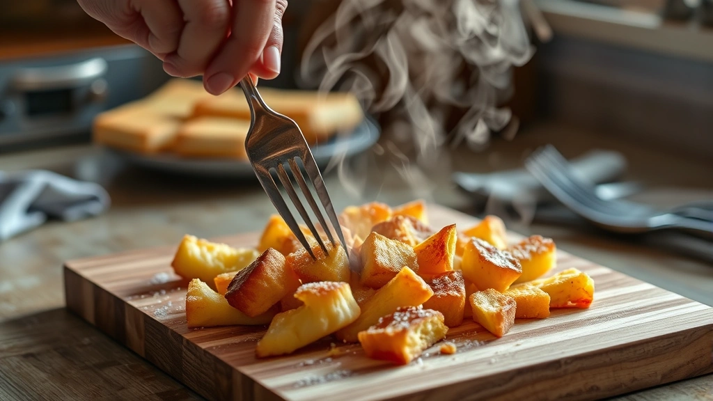 process: hand using two forks to tear cooked kaiserschmarrn into bite-sized pieces on wooden cutting board, steam rising, golden edges visible, action shot mid-tear, natural kitchen lighting