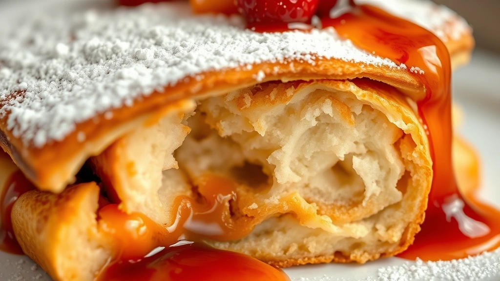detail: close-up of kaiserschmarrn cross-section showing fluffy interior structure with air pockets, golden-brown exterior, powdered sugar coating, compote dripping down side, shallow depth of field, professional food photography