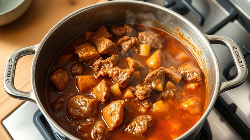 process: pot of kaldereta simmering on stovetop, showing browned meat, vegetables, and rich sauce with steam rising, photorealistic, natural kitchen light, no text