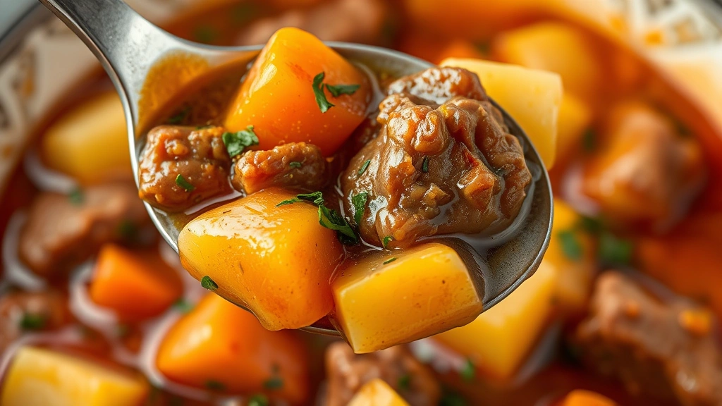 detail: close-up of kaldereta spoonful showing tender meat, potatoes, carrots, and peppers suspended in rich sauce, photorealistic, natural light, no text