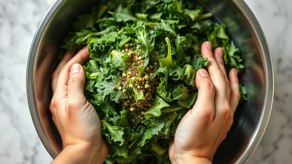 process: hands tossing fresh torn kale with olive oil and seasonings in a stainless steel bowl, photorealistic, bright kitchen lighting, no text
