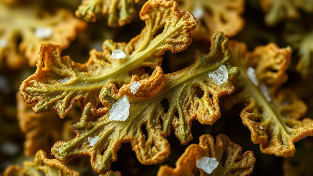 detail: close-up of perfectly crispy golden-brown kale chip with sea salt crystals visible, shallow depth of field, photorealistic, natural light, no text