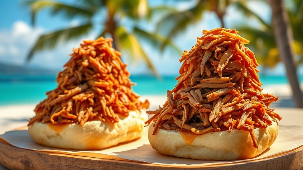 hero: shredded kalua pork piled high on Hawaiian sweet rolls with tropical setting, photorealistic, natural sunlight, vibrant colors, no text