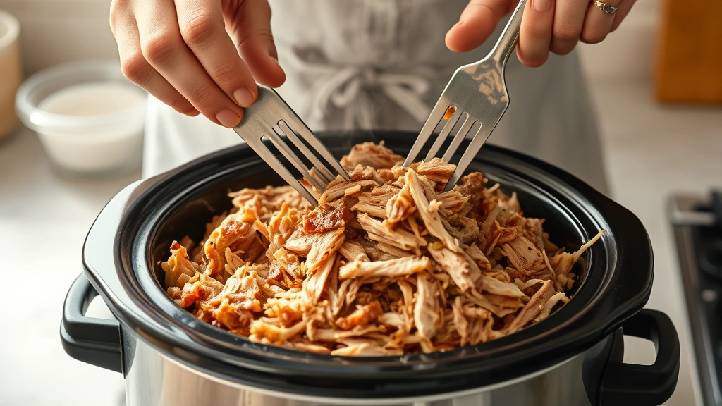 process: hands shredding tender kalua pork with two forks over slow cooker, photorealistic, warm kitchen lighting, steam rising, no text