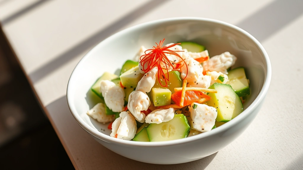 hero: beautiful plated kani salad in a white bowl, vibrant colors of white crab, green cucumber, green avocado, sesame seeds and nori strips visible, photorealistic, natural daylight streaming from left, no text, professional restaurant plating